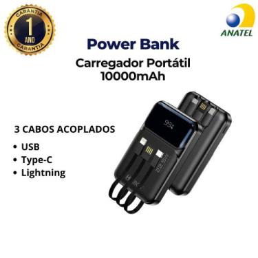Imagem de Carregador Portátil Rápido Bateria Power Bank 3 Cabos Com Pontas USB, 