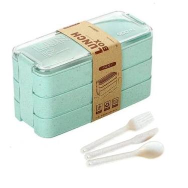 Imagem de Pote Marmita 900ml 3 Camadas Com Talheres Cores Lunch Box Lancheira Fi