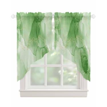 Imagem de Cortinas de mármore verde para janelas linhas douradas modernas semitransparentes cortinas abstratas verde ombré voile swags topper cortina para cozinha, sala de estar, quarto, 2 painéis, 91 x 91 cm