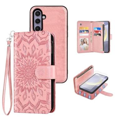 Imagem de Capa de celular para Samsung Galaxy S24 Plus S24+ 5G carteira magnética destacável com protetor de tela alça transversal flor flip porta-cartões S24plus 24S + S 24 24+ ouro rosa
