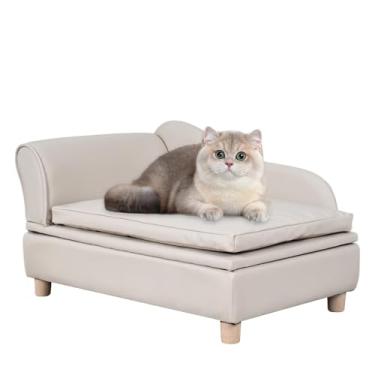 Imagem de Yoonnie room Sofá e cadeira de couro PU para cães com armazenamento - Sofá de gato com moldura de madeira com almofada, sofá de cama de animal de estimação pequeno para filhotes e gatos (branco pérola