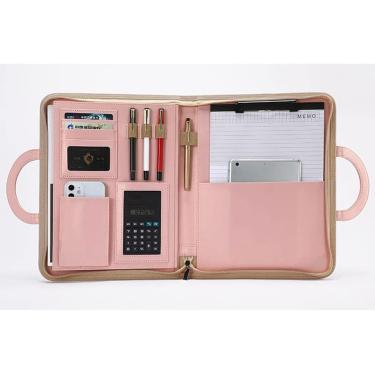 Imagem de A4 Organizador De Portfólio De Negócios Pu Couro Zipado Conferee Pasta Com Zíper Alça Magnética Prancheta Notebook Para Entrevista, Brown, No calculator