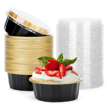 Imagem de Ramekins descartáveis com tampas, Beasea 227 g Pacote com 50 taças de alumínio de 10 cm descartáveis de creme Brulee Muffin Cupcake Baking Cup Mini Pudding Cups para festa de casamento Aniversário, 02.Black Gold