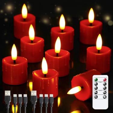 Imagem de Yeelida Velas de luz de chá recarregáveis sem chamas de 4 x 6,3 cm com controle remoto e cabo de carregamento tipo C, temporizador LED cintilante de plástico bordô, 9 peças, mini velas votivas de cera