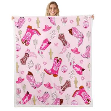 Imagem de Feelyou Cobertor de lã de ovelha rosa decoração vaqueira ocidental para meninas chapéu de lã infantil cobertor felpudo aquarela rosa cowboy cavalos cobertor felpudo para sofá-cama sofá, solteiro 152 x