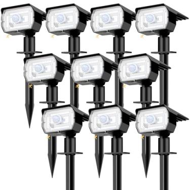 Imagem de nipify Pacote com 10 luzes solares externas à prova d'água, 3 modos de luzes de sensor de movimento, holofotes alimentados por energia solar 2 em 1, iluminação paisagística ligada/desligada automática