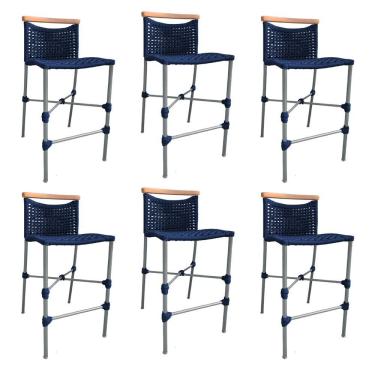 Imagem de Kit 6 Banquetas Anne Em Corda Náutica Base Em Alumínio Cinza Com Detalhe Em Madeira Azul Marinho - Cor: Azul