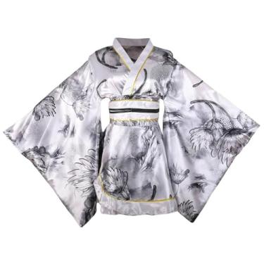 Imagem de Quimono feminino curto sexy fantasia adulta estampa de gueixa japonesa vestido de festa de Halloween vestido chique com cinto (nº 93) preto)