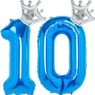 Imagem de 101,6 cm Grande número de balões azuis com 10 balões de coroa, 10º aniversário, folha de ouro Mylar, balão número azul hélio para meninos e meninas, decorações de festa de 11º aniversário, eventos