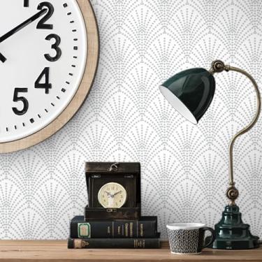 Imagem de Ismoon Papel de parede geométrico de 43 cm x 993 cm papel de parede branco e prata moderno autoadesivo papel de parede prata de bolinhas de contato filme de vinil decorativo prateleira gaveta forro