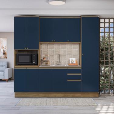 Imagem de Cozinha Compacta Com Kit Forno Celeste Kappesberg 100% Mdf Nogueira/Azul 240cm