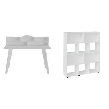 Imagem de Kit 2 Peças Com Escrivaninha 120cm E Estante Para Livros Com 10 Nichos Branco