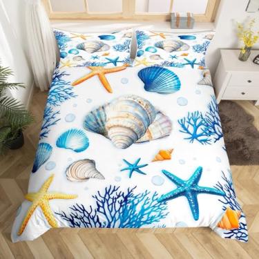 Imagem de Conjunto de capa de edredom infantil de verão, praia, tamanho solteiro, estrela-do-mar, concha, coral, vida marinha, oceano, decoração de quarto de meninas, casa, concha, lago, casa, cabana, mar, azul