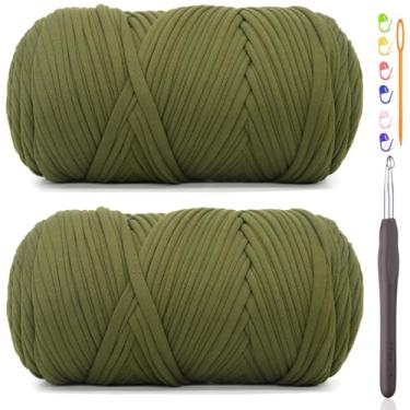 Imagem de 2 fios de camiseta de 400 g para crochê, camiseta verde exército, tecido elástico grosso, fio de crochê para iniciantes, bolsa de tricô à mão, cesta/porta-copos / artesanato faça você mesmo/decoração