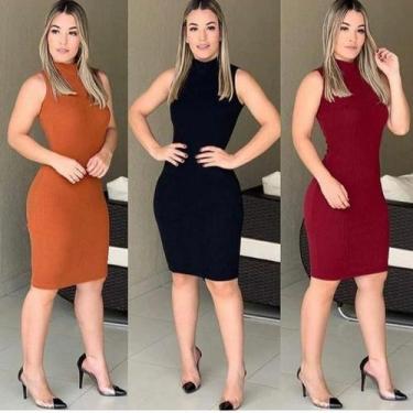 Imagem de vestido midi feminino canelado gola alta manga cavado moda estilo - Fi