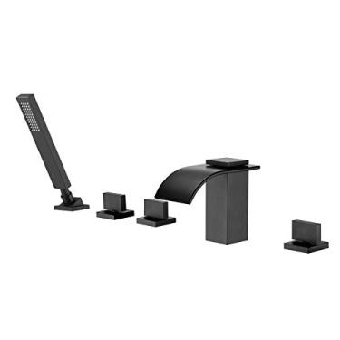 Imagem de Torneira de banheira romana de cachoeira com suporte de deck preto fosco com chuveiro de mão, alto fluxo, verão.