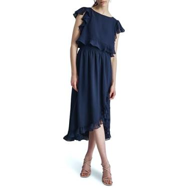 Imagem de DKNY Vestido midi feminino com manga franzida e caimento justo na cintura, Azul marino, 44