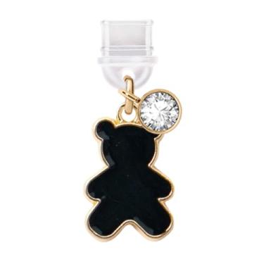 Imagem de ELISE & FONDA Porta de carregamento tipo C TP717 plugue antipoeira pequeno urso de pelúcia pingente de celular para iPhone 15/16/Samsung/OnePlus/Xiaomi/oppo telefones Android (preto)