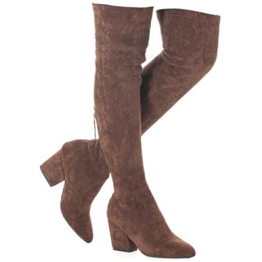 Imagem de Mtzyoa Bota feminina de salto alto na coxa bico fino elástico acima do joelho, Salto café/7,6 cm, 37