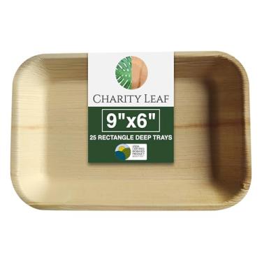 Imagem de Charity Leaf Bandeja descartável de folhas de palmeira como bandeja retangular de bambu | totalmente natural e biodegradável | buffet, tábuas de charcuterie, churrascos e festas | 25 bandejas (22,8 cm x 15,2 cm)