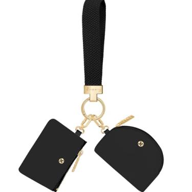 Imagem de Hovmwey Carteira de chaveiro, bolsa dupla destacável para mulheres e homens, mini zíper portátil em torno de pequena carteira bolsa de moedas (preto + fivela dourada + preto)