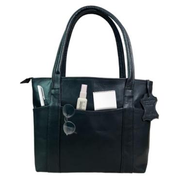 Imagem de Bolsa feminina de couro genuíno – Bolsa de ombro grande com vários bolsos | Bolsa de trabalho, laptop e viagem | Bolsa clássica elegante para escritório, casual, negócios, presente (preta)