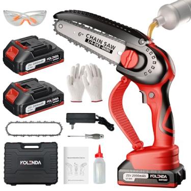 Imagem de KOLENDA Mini motosserra sem fio de 15 cm com saída eletrônica de óleo e visor LCD, bateria de 900 W 2000 mAh, motosserra elétrica portátil para corte de árvores, pátio, jardim (2 baterias incluídas)