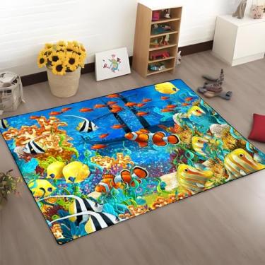 Imagem de Tapete antiderrapante com estampa de tartarugas golfinhos azuis, praia, oceano, azul-petróleo, tema marinho, tapete antiderrapante, quarto, sala de estar, sofá, berçário, decoração (mar-3, 100 cm x