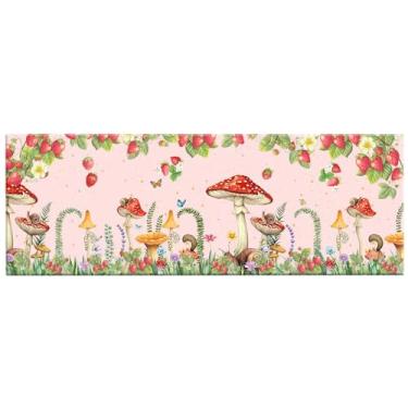 Imagem de EOBTAIN Tapete de cozinha longo cogumelo Straberry Runner Cottage Plant Leaf and Butterfly Pink Tapete de cozinha rústico para casa de fazenda para acessórios de decoração de lavanderia, tapete