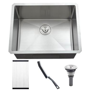 Imagem de Jshozzy Pia de lavanderia sob montagem com escova de limpeza de fendas, 53 x 48 x 30 cm, aço inoxidável calibre 16, tigela única profunda com escova de limpeza e conjunto de rack de enrolar