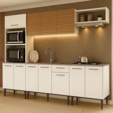 Imagem de Cozinha Compacta 5 Peças Armário Ripado com Led e Torre Quente Veneza Branco