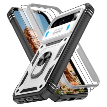 Imagem de Capa para Google Pixel 10 Pro XL com 2 películas protetoras de tela, suporte de anel giratório de 360°, capa protetora de nível militar para celular Google 10 Pro XL, branco + preto
