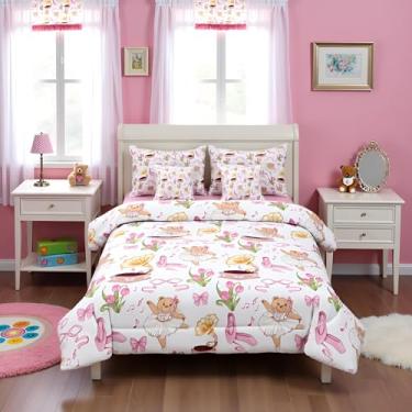 Imagem de Conjunto de cama solteiro com estampa de princesa com laço rosa, desenho animado de urso dançarino, 7 peças, tulipa flor, gravação de notas, gravata borboleta romântica (com elástico + lençol + 2