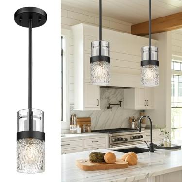 Imagem de LMS Luzes pendentes de vidro, ilha de cozinha, luminária pendente preta moderna de 1 luz com vidro martelado e varões, mini iluminação suspensa para cozinha, ilha, pia, banheiro, quarto, LMS-172