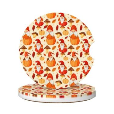 Imagem de Neukim Pacote com 2 porta-copos fofos de gnomo de abóbora para carro, 6 cm, cogumelo, folha de outono, antiderrapante, porta-copos absorvente de cerâmica com base de cortiça e entalhe de dedo