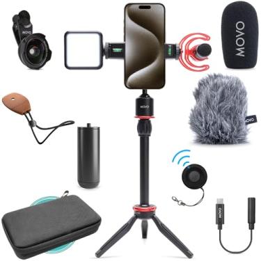 Imagem de Movo Kit de vlogging iVlog1-IP para iPhone 15/16 e superior - Kit de iniciação do YouTube compatível com USB-C - com microfone shotgun, mini tripé, luz LED, lente grande angular, adaptador USB C