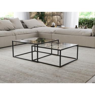Imagem de Mesa de Centro Industrial Moderna Atemporal Duo Catarina Preto e Tampo de Vidro
