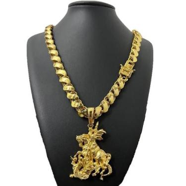 Imagem de Cordão Friso S 12Mm Fecho São Jorge +Pingente Banhado A Ouro - Tojoia1