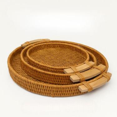 Imagem de Kit 3 Bandejas Fruteira Decorativa de Servir Plástico Vime Madeira Red