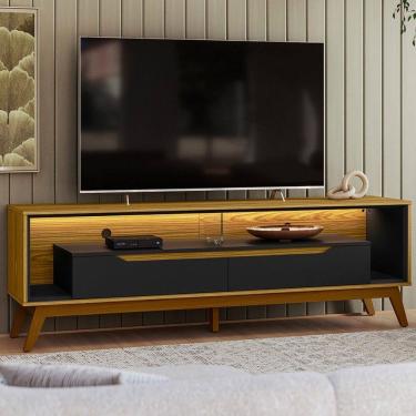 Imagem de Rack para TV Até 65 Polegadas Duo 2 Gavetas com Vidro e Led Cedro/Preto - Olivar Móveis