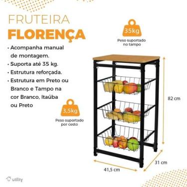 Imagem de Fruteira de Chão Com 3 Cestos para Cozinha Tampo Madeira MDF Modelo Fl