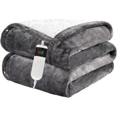 Imagem de Cobertor elétrico aquecido, cobertor de flanela macia com 8 horas de desligamento automático, 10 níveis de aquecimento rápido, lavável na máquina, cobertor aquecido sherpa com proteção contra
