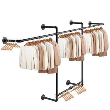 Imagem de Livabber Rack de roupas de cano industrial, suporte de ferro removível resistente com 4 varões de pendurar montados na parede, barra de roupas rústica para quarto, armário, 2 camadas, preto (82