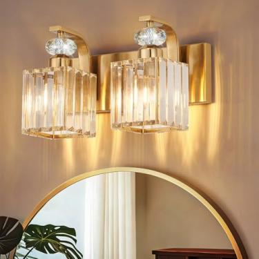 Imagem de Luminária de banheiro moderna, luminária de banheiro dourada com 2 luzes sobre o espelho, arandela de parede de cristal de 32 cm para banheiro/quarto/penteadeira, inclui lâmpadas de LED, fácil
