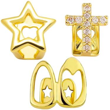 Imagem de 3 grelhas falsas, tampa de dente dourada, grades douradas para dentes, desenhos de estrela, coração e cruz, grillz para mulheres douradas para fãs de hip-hop, moda punk e cosplay de Halloween