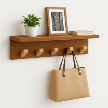 Imagem de Prateleira de Parede com 5 Ganchos em Pinus, Branca, Organizador para Entrada (freijo)