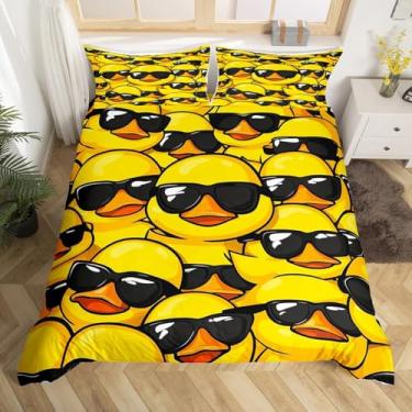 Imagem de Erosebridal Capa de edredom de pato amarelo fofo com óculos de pato, 2 peças, engraçado, de borracha, para crianças, meninos, meninas, adolescentes, animais de fazenda, capa de edredom