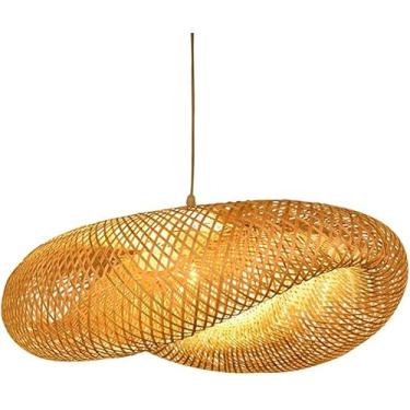 Imagem de 1 Luz Lanterna Tecida De Bambu Lustre Pingente Abajur E26 E27 Retro Rústico Vime Rattan Tecido Lustre Lâmpada Pendurada Luz Luminária De Teto, 40cm