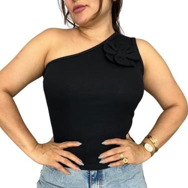 Imagem de Blusa Feminina Básica Ombro Só Detalhe Flor Mula Manca Moda Primavera 