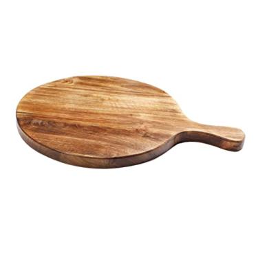 Imagem de Tábua de madeira redonda com alça e corda para pendurar, bandeja de servir pizza bandeja de servir festa